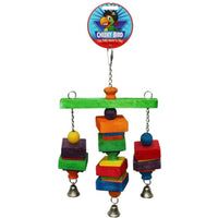 Cheeky Bird Hanging Tri-Bell, a green timber bar with three block and bead strands ending in bells
