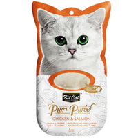 Kit Cat Purr Puree Chicken & Salmon cat treat, front of the 4-tube cat-shaped sleeve