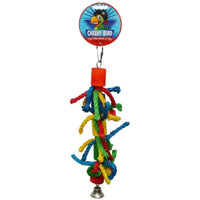 Cheeky Bird Cylinder & Rope with Bell, a wooden block with coloured rope loops and a bell