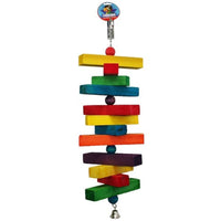 Cheeky Bird Block Stack, coloured timber slats and beads stacked on a chain above a bell