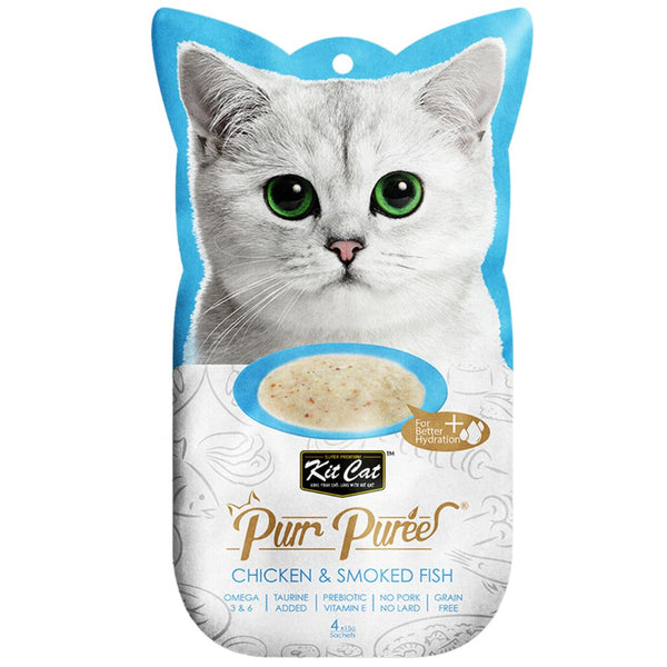 Kit Cat Purr Puree Cat Treats Chicken & Smoked Fish _ 15g x 4 | PeekAPaw Pet Supplies