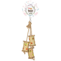 Beak Joy Bamboo Climber, three printed bamboo tubes hung on cotton rope