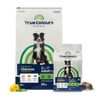 True Colours Australian Chicken adult dry dog food, 20 kg bag with a smaller bag and kibble