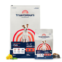 True Colours Australian Fish adult dry dog food, 20 kg bag with a smaller bag and kibble