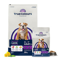 True Colours Australian Lamb adult dry dog food, 20 kg bag with a smaller bag and kibble
