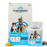 True Colours Australian Chicken puppy dry food, 20 kg bag with a smaller bag and kibble