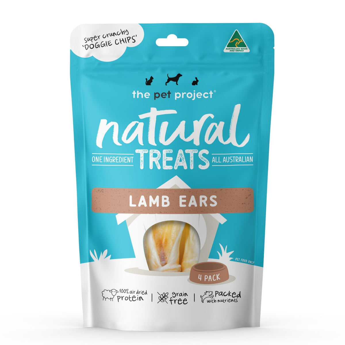 The Pet Project Natural Treats Lamb Ears, 4 pack teal resealable pouch, front of pack