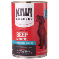Kiwi Kitchens NZ Grass Fed Beef & Mussel Dinner For Puppies, front of the 375 g can.