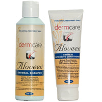 Aloveen starter pack: the oatmeal shampoo bottle beside the intensive conditioner tube