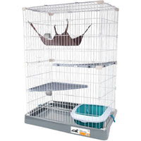 M-Pets KRIS ferret cage: tall wire cage with a fabric hammock, two platforms, ramps and a litter tray