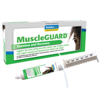 Kelato MuscleGUARD stamina and recovery paste retail box with the dosing syringe beside it