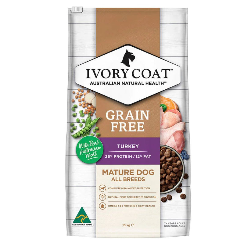 Ivory Coat Grain Free Mature All Breeds Dry Dog Food Turkey