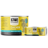 Kiwi Kitchens Chicken & Mussel Dinner For Kittens, the 170 g and 85 g cans shown side by side.