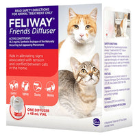 Feliway Friends diffuser box front and back, with the diffuser and 48 mL vial