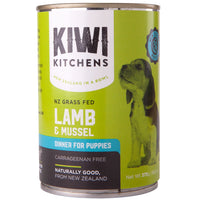 Kiwi Kitchens NZ Grass Fed Lamb & Mussel Dinner For Puppies, front of the 375 g can.