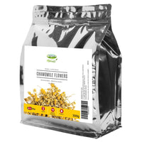 Crooked Lane Harvest Chamomile Flowers 500g bag front, silver foil pouch with a yellow label strip
