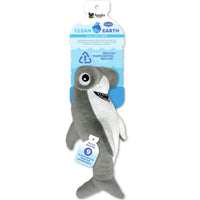 Spunky Pup Clean Earth recycled plush hammerhead shark dog toy on its Clean Earth header card