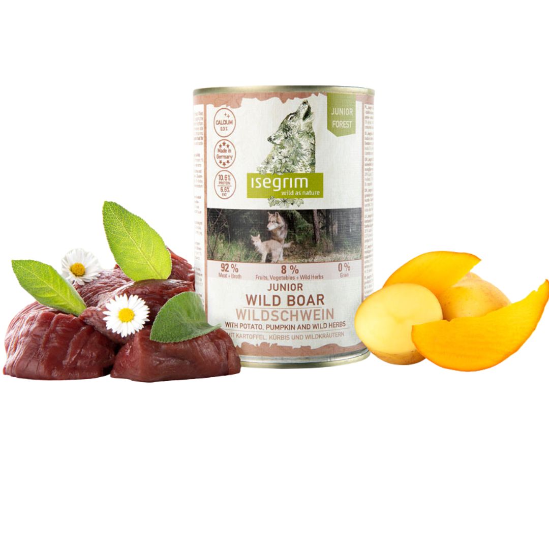 Isegrim Canned Dog Food Junior forest Wild Boar with Potato, Pumpkin & Wild Herbs - 400g x 6 | PeekAPaw Pet Supplies