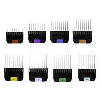 Set of eight Wahl attachment guide combs with colour-coded tabs, arranged in two rows