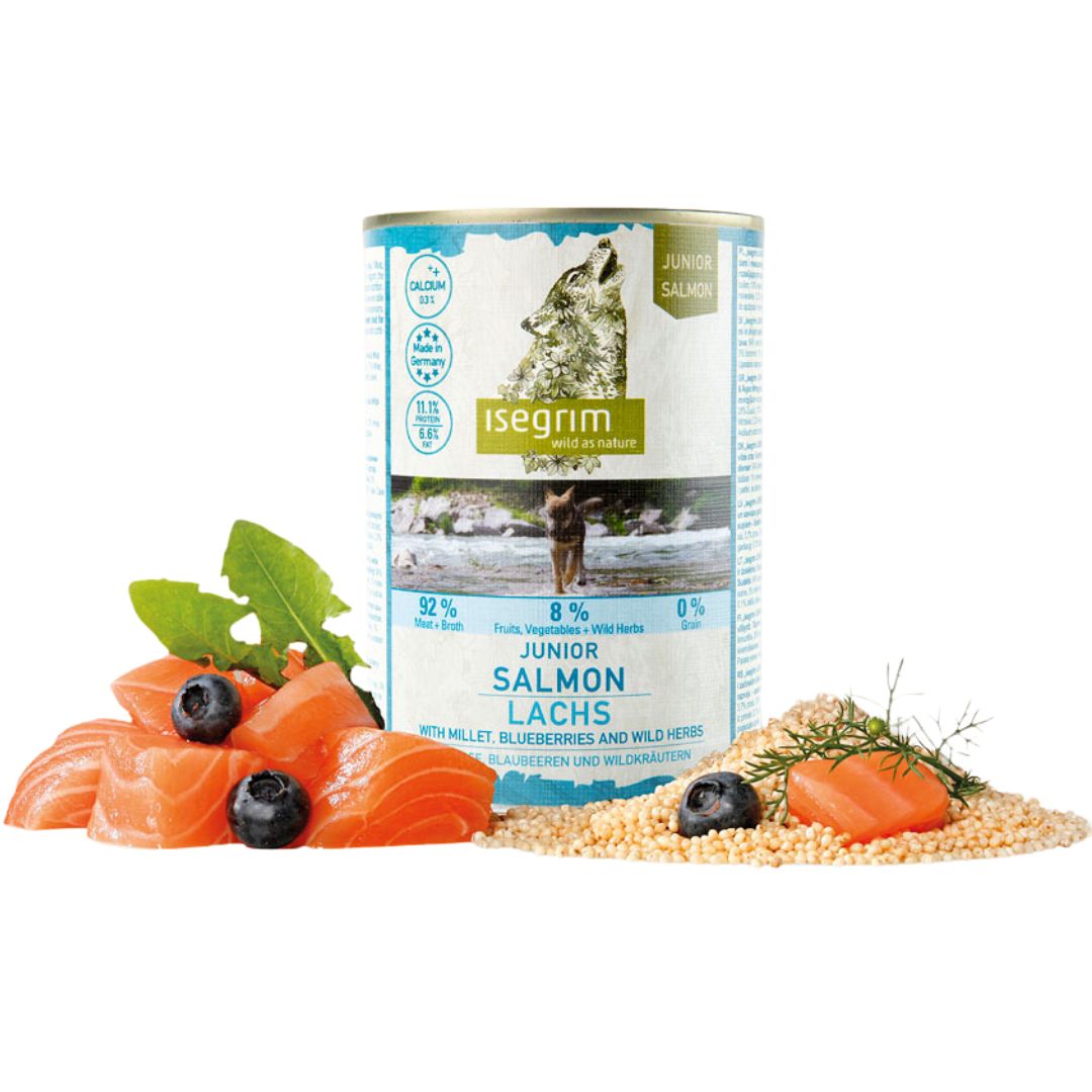 Isegrim Canned Dog Food Junior River Salmon with Millet, Blueberries & Wild Herbs - 400g x 6 | PeekAPaw Pet Supplies