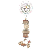 Beak Joy Sunny Sola Snack, a hanging stack of sola balls, wooden rolls and small pods