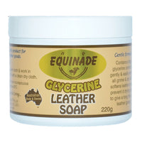 Equinade Glycerine Leather Soap in a 220g white tub with the tan Equinade label