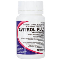 Tub of Mavlab Avitrol Plus bird wormer tablets, 100 tablets, on a white background
