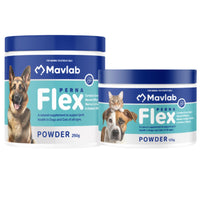 Two tubs of Mavlab PernaFlex joint powder for dogs and cats, in 250g and 125g sizes