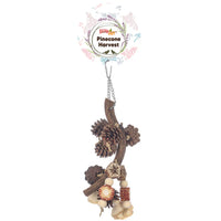 Beak Joy Pinecone Harvest, pinecones, wooden beads, seed pods and a woven ball on a natural branch