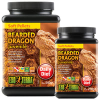 Exo Terra Bearded Dragon Juvenile soft pellets shown in both the 540g and 250g tubs