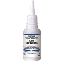 TROY Ilium Ear Drops 20 mL, dropper bottle with a purple caution label for ear mites and ear infections.