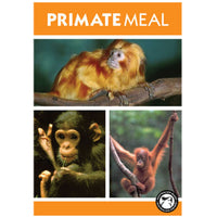 Wombaroo Primate Meal label graphic with photos of a tamarin, a chimpanzee and an orangutan