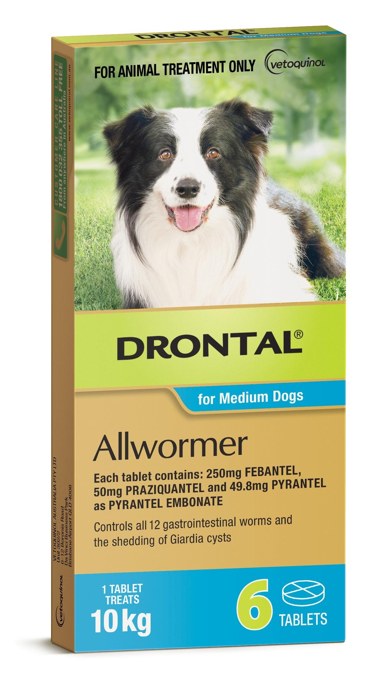 Drontal Allwormer tablets for medium dogs up to 10kg, 6 tablets – front of carton
