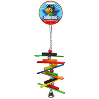 Cheeky Bird Spiral Sticks with Bell, coloured timber sticks in a spiral above a bell