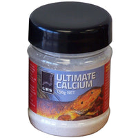 URS Ultimate Calcium 150g tub with black screw lid and bearded dragon label