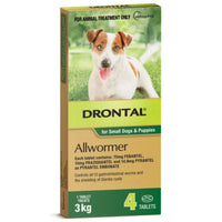 Drontal Allwormer carton for small dogs and puppies up to 3 kg, four tablets