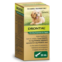 Drontal Worming Suspension for Puppies, 30 mL carton with the dosing syringe