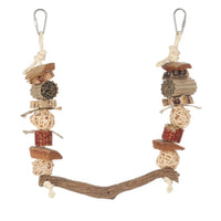 Beak Joy Treetop Swing, coconut slices and woven vine balls either side of a natural branch perch