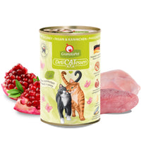 GranataPet DeliCatessen Pheasant & Coney tin in green livery, with raw game meat and pomegranate seeds