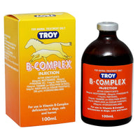 TROY B-Complex Injection 100 mL: yellow carton with a horse graphic beside its amber glass vial.