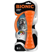 Bionic Urban Stick, orange rubber dog stick on its blister card, small size