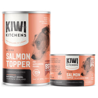 Kiwi Kitchens NZ King Salmon Topper for dogs, the tall 375 g can beside the shorter 170 g can.