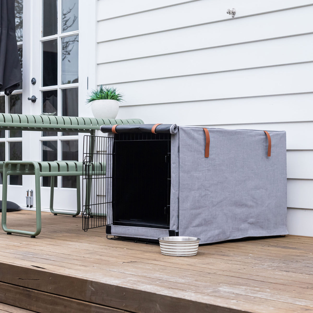 Superior Pet Goods Urban Crate Cover in Twilled Canvas Mid Grey on a crate outdoors