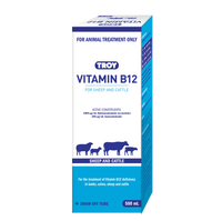 TROY Vitamin B12 for Sheep and Cattle carton, 500 mL, with sheep and cattle icons and a draw-off tube.