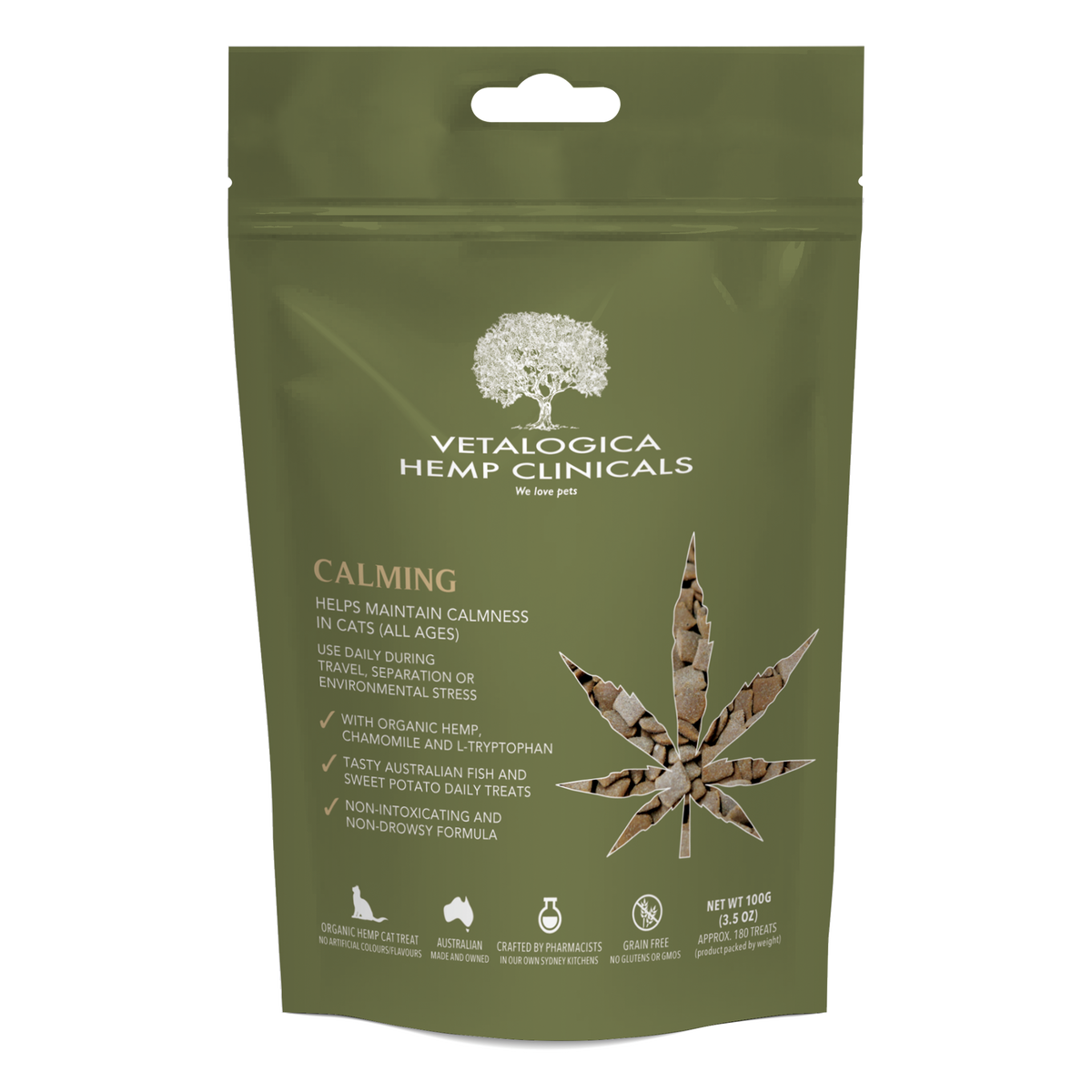 Vetalogica Hemp Clinicals Calming Treats for Cats 100g pack, front