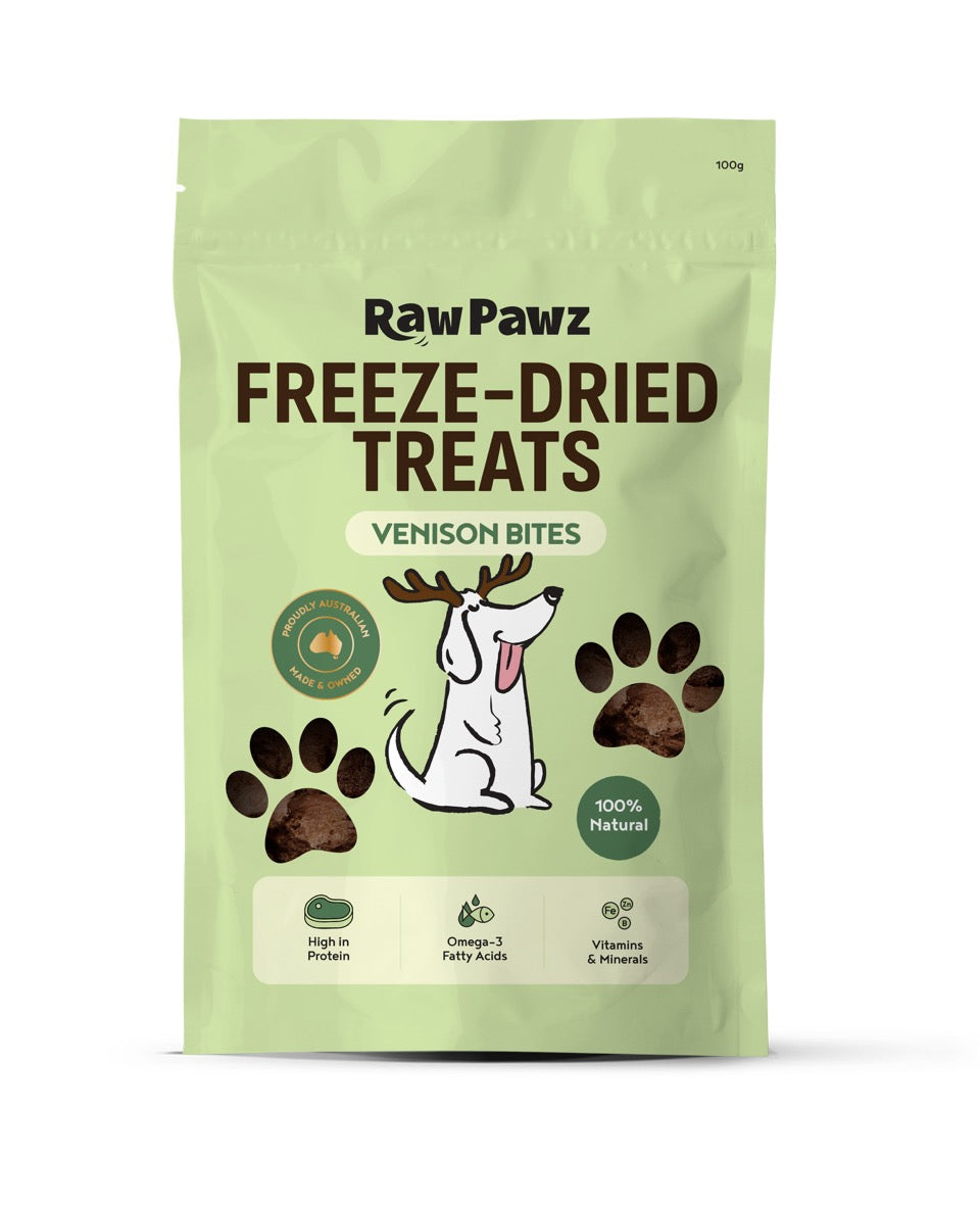 Raw Pawz Venison Bite Dog Treats 100g pack, front of pack