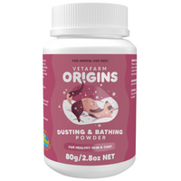 Vetafarm Origins Dusting & Bathing Powder for small animals, 80g tub with chinchilla artwork