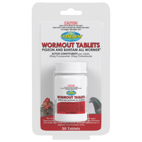 Vetafarm Wormout Tablets all wormer for pigeons and bantams, 50 tablet pack on a blister card
