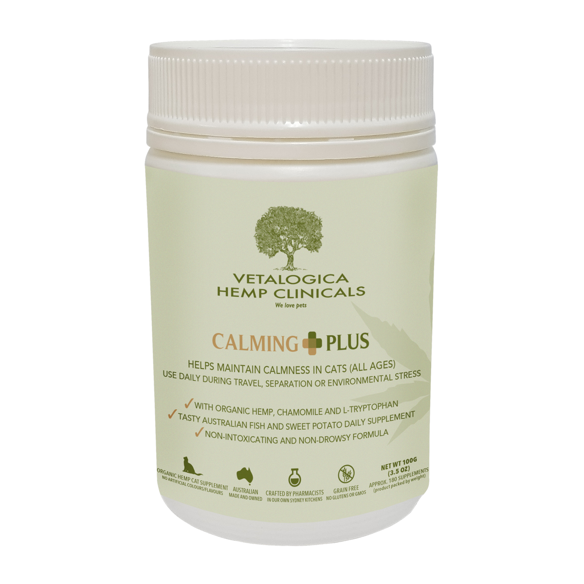 Vetalogica Hemp Clinicals Calming Plus Supplements for Cats 100g pack, front