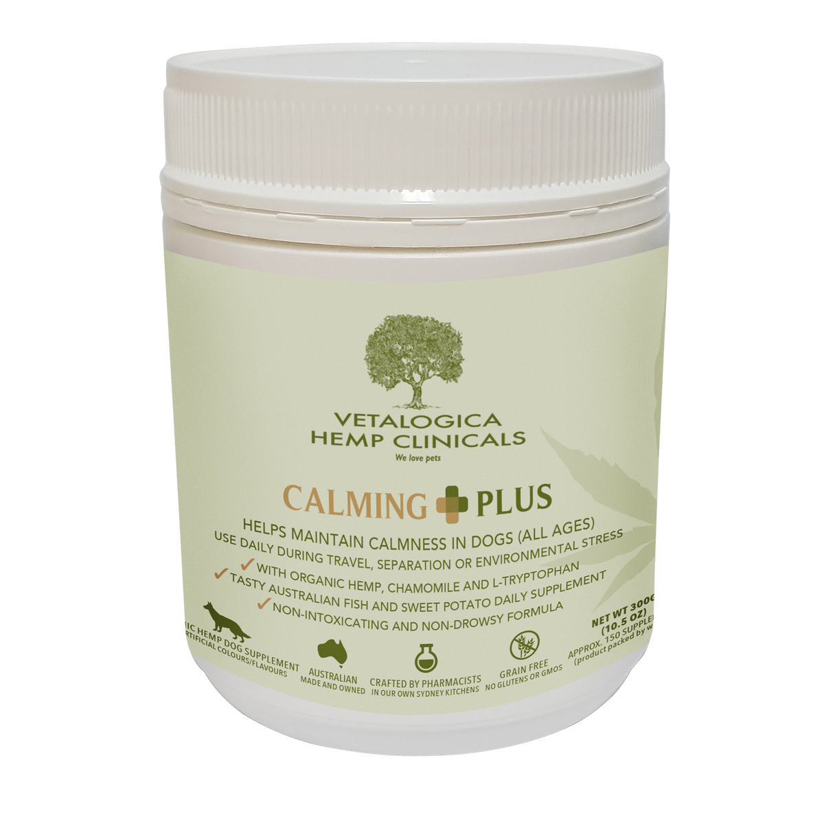 Vetalogica Hemp Clinicals Calming Plus Supplements for Dogs 300g pack, front